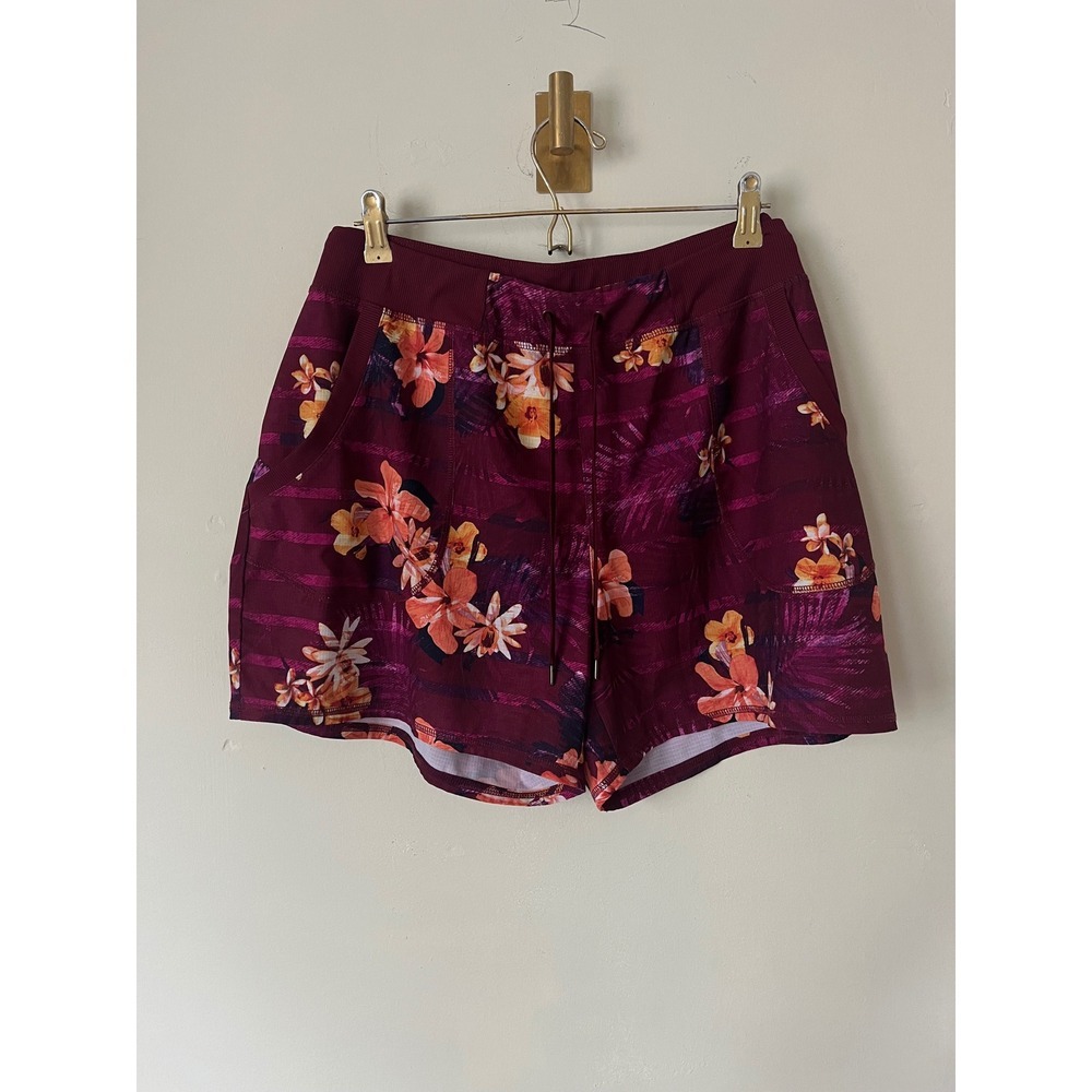 St Johns Bay Active Womens Floral Tropical Athletic Shorts Maroon XL Drawstring